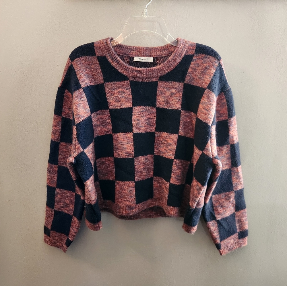 Madewell Checkerboard Sweater Cropped Boxy Checkered Navy Heathered Thick Knit